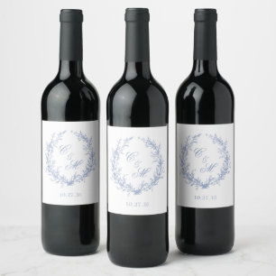 Etiqueta Para Botella De Vino Corona Botánica de Monograma Azul Polvoriento para