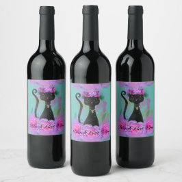 Etiqueta Para Botella De Vino Corona de flores de gato negro sentada en rosas ro