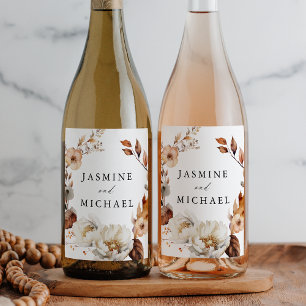 Etiqueta Para Botella De Vino Corona de flores rústicas de otoño para boda