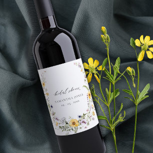 Etiqueta Para Botella De Vino Corona de flores silvestres de lila amarilla chic 