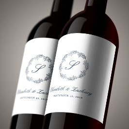 Etiqueta Para Botella De Vino Corona de follaje azul índigo con monograma