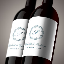Etiqueta Para Botella De Vino Corona de follaje azul turquesa con monograma