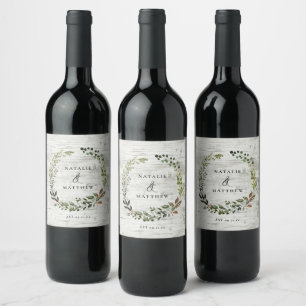 Etiqueta Para Botella De Vino Corona de follaje rústico para boda de otoño e inv