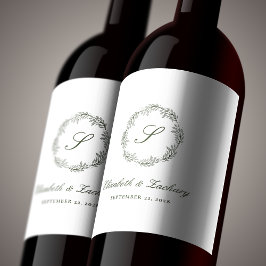 Etiqueta Para Botella De Vino Corona de follaje verde oliva con monograma