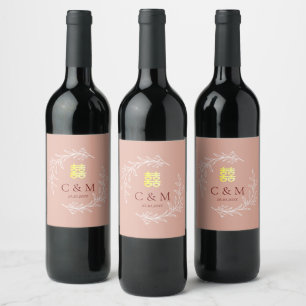 Etiqueta Para Botella De Vino Corona de hojas de rosa polvorienta boho para boda