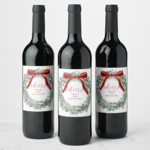Etiqueta Para Botella De Vino Corona de lazo rojo elegante de Navidad Cheers