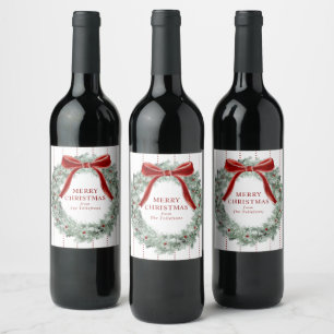 Etiqueta Para Botella De Vino Corona de lazo rojo festivo y elegante de Navidad