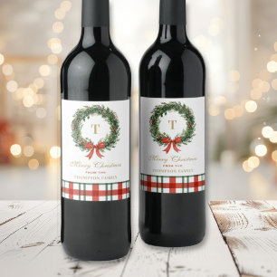 Etiqueta Para Botella De Vino Corona de Navidad con monograma dorado a cuadros r