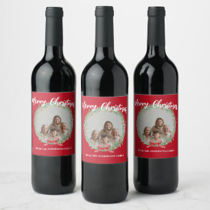 Etiqueta Para Botella De Vino Corona de Navidad Foto Personalizada Familia N