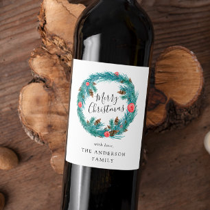 Etiqueta Para Botella De Vino Corona de pino pintada a mano para las fiestas