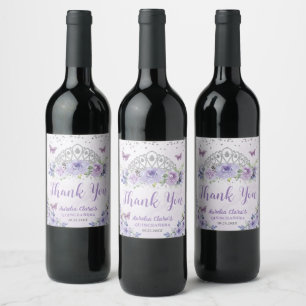 Etiqueta Para Botella De Vino Corona de princesa de flor de lila púrpura Quincea