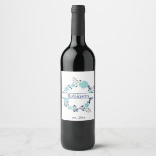 Etiqueta Para Botella De Vino Corona floral azul marino y turquesa en botella -