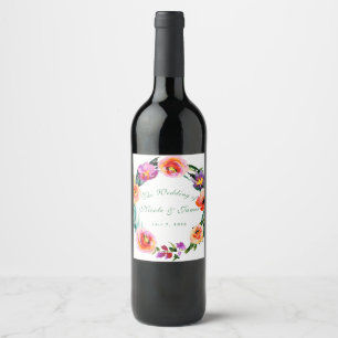 Etiqueta Para Botella De Vino Corona floral brillante y audaz acuarela vino pers