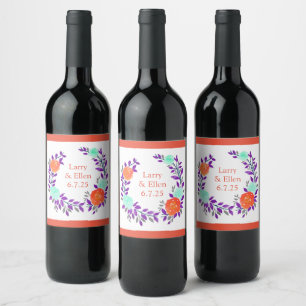 Etiqueta Para Botella De Vino Corona Floral de Boda Sencilla Vino