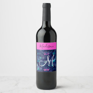 Etiqueta Para Botella De Vino Coronas de Sirena con Brillo Rosa Brillante Monogr