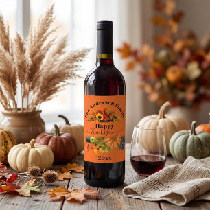 Etiqueta Para Botella De Vino Cosecha de Acción de Gracias de otoño naranja vibr