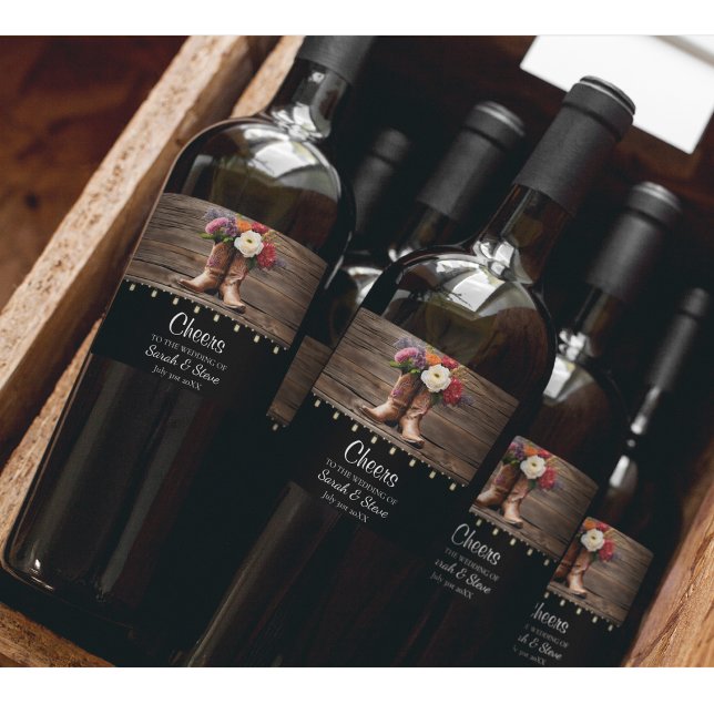 Etiqueta Para Botella De Vino Cowboy Occidental bota una boda floral elegante (Floral Cowboy Boot Western Wedding Wine Labels)