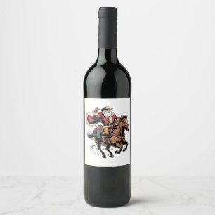 Etiqueta Para Botella De Vino Cowboy Santa Claus montando a caballo Navidad 
