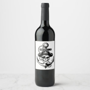 Etiqueta Para Botella De Vino Cráneo de pirata y ancla en negrita: diseño náutic