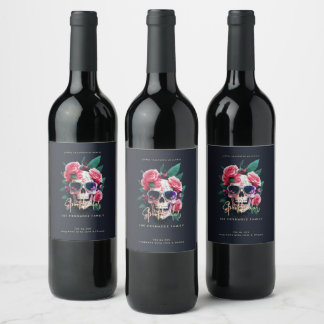 Etiqueta Para Botella De Vino Cráneo Floral Faboolous Spooktacular Nombre de Fam