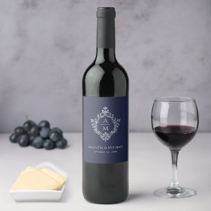 Etiqueta Para Botella De Vino Crest Boda Azul Marino Monograma Elegante Vintage