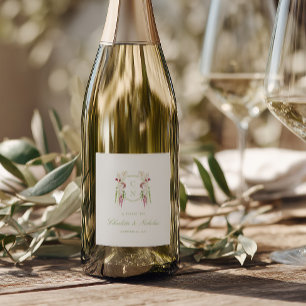 Etiqueta Para Botella De Vino Crest de Monograma Floral en Cascada para Boda
