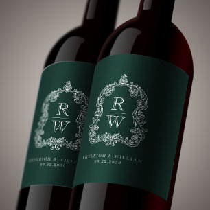Etiqueta Para Botella De Vino Crest de Monograma Vintage Nombres Boda Verde Bosq