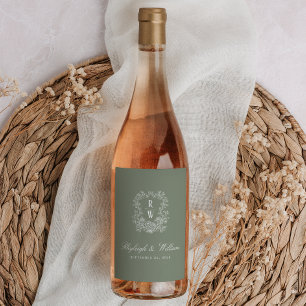 Etiqueta Para Botella De Vino Crest Monograma Floral Francés Blanco Verde Salvia