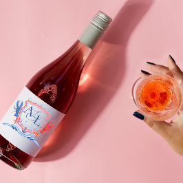 Etiqueta Para Botella De Vino Crest Monograma Langosta Azul Rojo Náutico