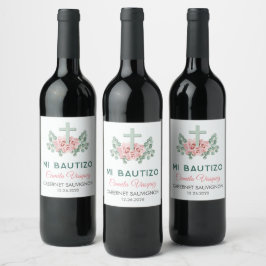 Etiqueta Para Botella De Vino Cruce y hojas en bautizo español