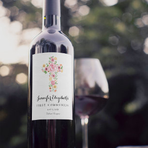 Etiqueta Para Botella De Vino Cruz de Flor de Color de Agua Rosa Primero Santa C