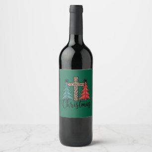 Etiqueta Para Botella De Vino Cruz de leopardo árboles de Navidad cristianos