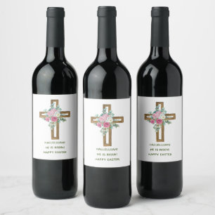 Etiqueta Para Botella De Vino Cruz de madera de Pascua Floral Rosa Él ha Resucit