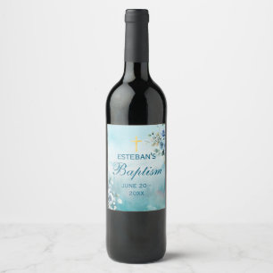 Etiqueta Para Botella De Vino Cruz Floral Azul Bautizo
