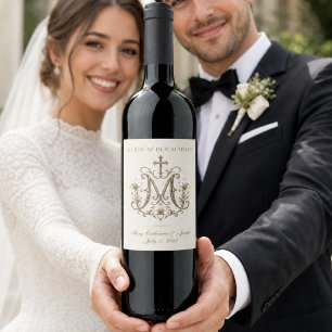 Etiqueta Para Botella De Vino Cruz Monograma Mariana de Oro
