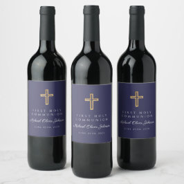 Etiqueta Para Botella De Vino Cruz Religiosa Azul Marino Niño Primera Comunión