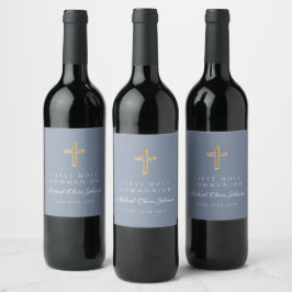Etiqueta Para Botella De Vino Cruz religiosa azul polvorienta niño primera comun