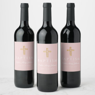 Etiqueta Para Botella De Vino Cruz Religiosa Rosa Pálido Niña Bautizo