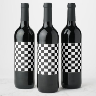 Etiqueta Para Botella De Vino Cuadrados a cuadros geométricos retro en negro y b