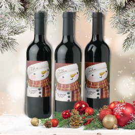 Etiqueta Para Botella De Vino Cuato Snowman Snowflakes Feliz Navidad