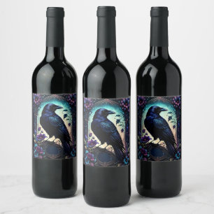 Etiqueta Para Botella De Vino Cuervo a la luz de la luna   Suite de boda floral 