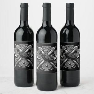 Etiqueta Para Botella De Vino Cuervo y Hachas – Arte de muro de escudo de guerre