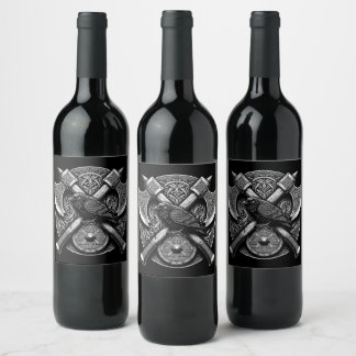 Etiqueta Para Botella De Vino Cuervo y Hachas – Arte de muro de escudo de guerre