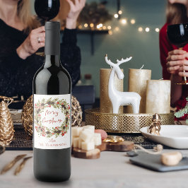 Etiqueta Para Botella De Vino Cuidada acuarela Red Berries Wreath Feliz Navidad