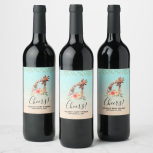 Etiqueta Para Botella De Vino Cuidada Giraffe Watercolor Mamá y Babe Baby Shower