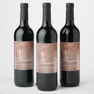 Etiqueta Para Botella De Vino Cumpleaños 18 Brillante Rosa Dorado Goteante