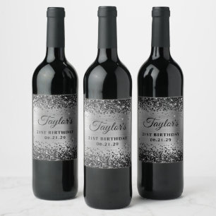 Etiqueta Para Botella De Vino Cumpleaños 21 Brillante Hoja de Plata Negra