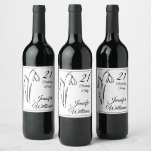 Etiqueta Para Botella De Vino Cumpleaños 21 copos de nieve Floral negro y blanco