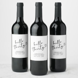 Etiqueta Para Botella De Vino Cumpleaños 30 Moderno en Blanco y Negro Hello