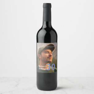 Etiqueta Para Botella De Vino cumpleaños 30 nombre foto fecha hombre azul blanco